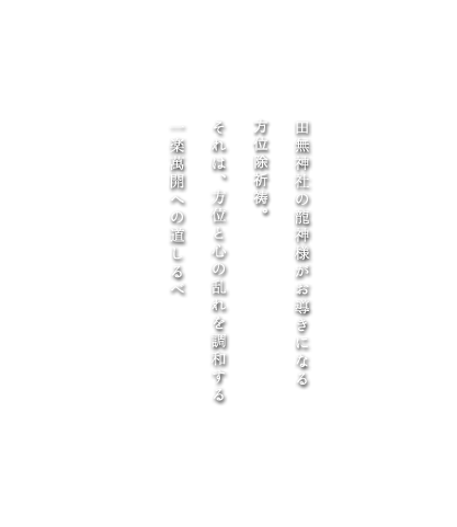 田無神社の龍神様がお導きになる方位除祈祷。それは、方位と心の乱れを調和する一楽萬開への道しるべ。